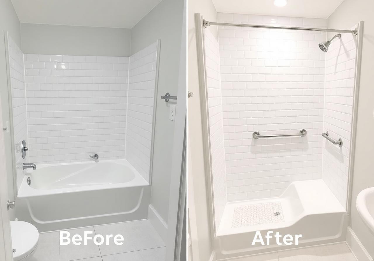 Before and after bathtub to walk-in shower conversion